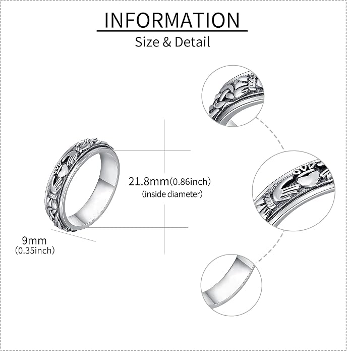 Claddagh Fidget Spinner Rings 18k White Gold Plated Celtic Knot Anxiety Ring Eternity Love Irish Claddagh Jewelry Gifts for Women Men Mom Wife (Size 7-10)