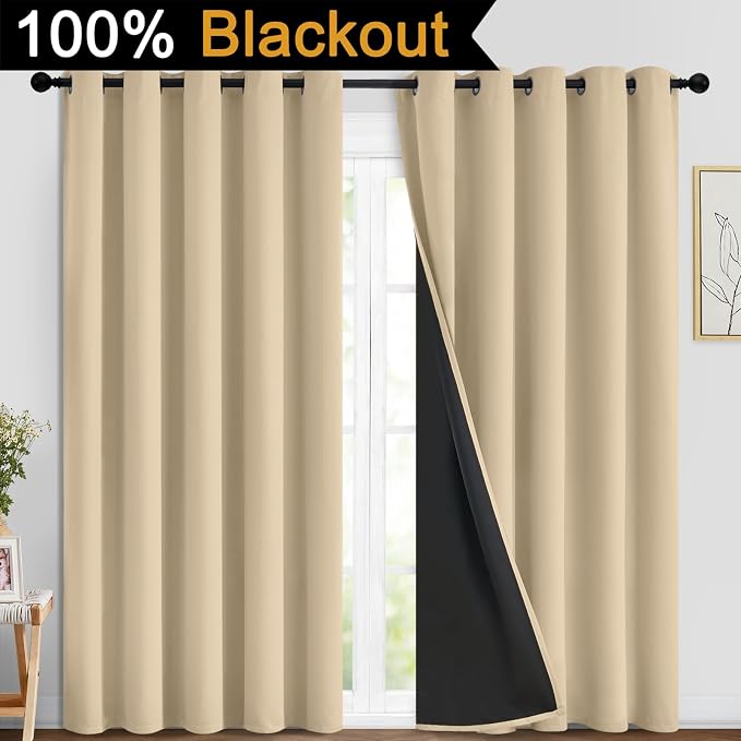 Yakamok Beige 100% Blackout Curtains 84 Inches Long for Bedroom 70" Wide | Blackout Curtain Panels for Bedroom, 2 Thick Layers Grommet Top Thermal Insulated Drapes with Black Liner for Living Room
