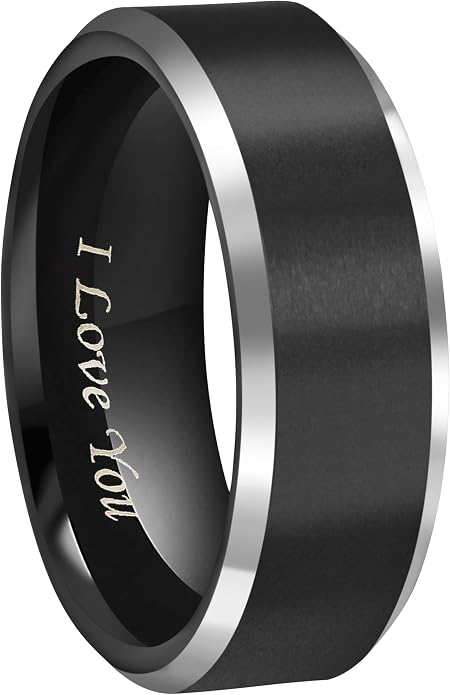 CROWNAL 4mm 6mm 8mm Black Tungsten Couple Wedding Bands Rings Men Women Polished Beveled Edges Matte Brushed Finish Engraved I Love You Size 3.5 To 17