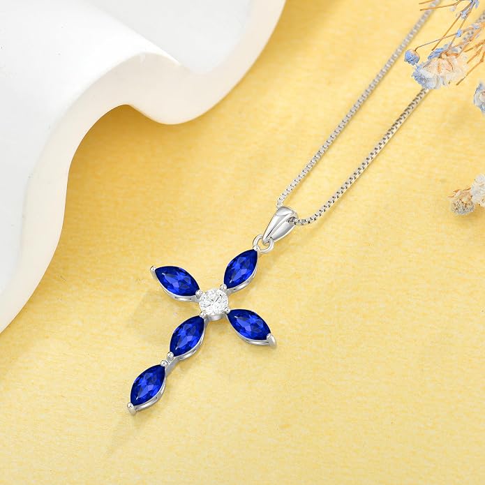 JO WISDOM Cross Necklace for Women,925 Sterling Silver Birthstone Necklaces Cubic Zirconia Cross Pendant Necklace Dainty Jewelry Gifts