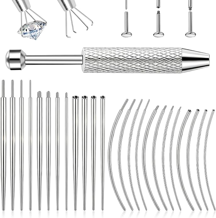 ONESING 2Pcs Piercing Ball Grabber Tool for Changing Jewelry, Stianless Steel Flat Back Earring Applicator Internally Threaded Push Pin Piercing Grabber Tool, Anti Slip 4 Claw Gem Ball Grabber Tool