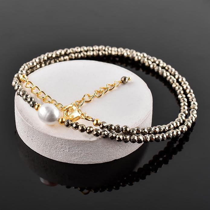 InfinityGemsArt Gemstone Gold Necklace For Women, Birthstone Natural Crystal Stone With Freshwater Pearl Beaded Jewelry, Gold Plated 18 Inch Chain