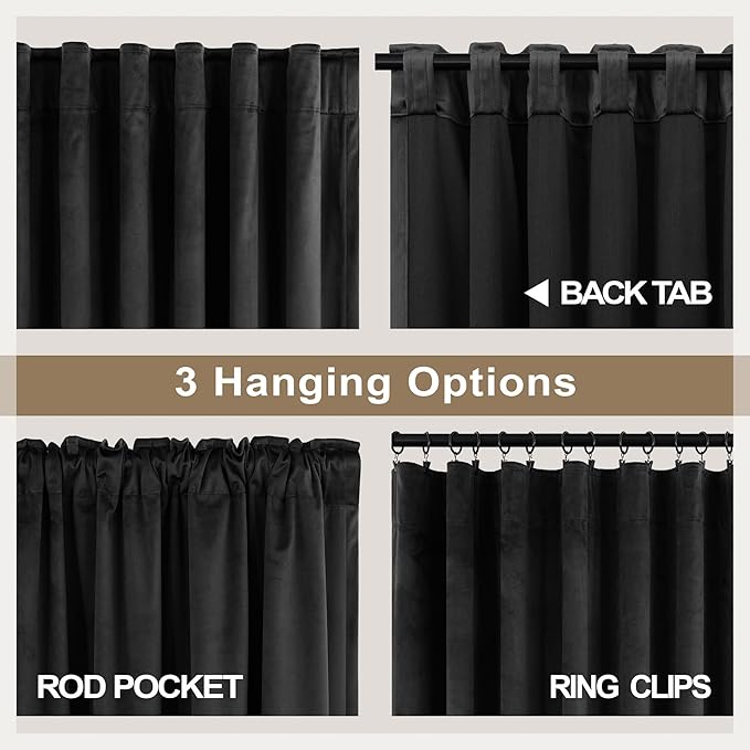 Black Out Velvet Room Darkening Curtains 63 Inch Length for Living Dining 2 Panels Heavy Privacy Energy Smart Insulating Summer Heat Winter Curtain for Kitchen Door Doorway Master Bedroom Guest Office