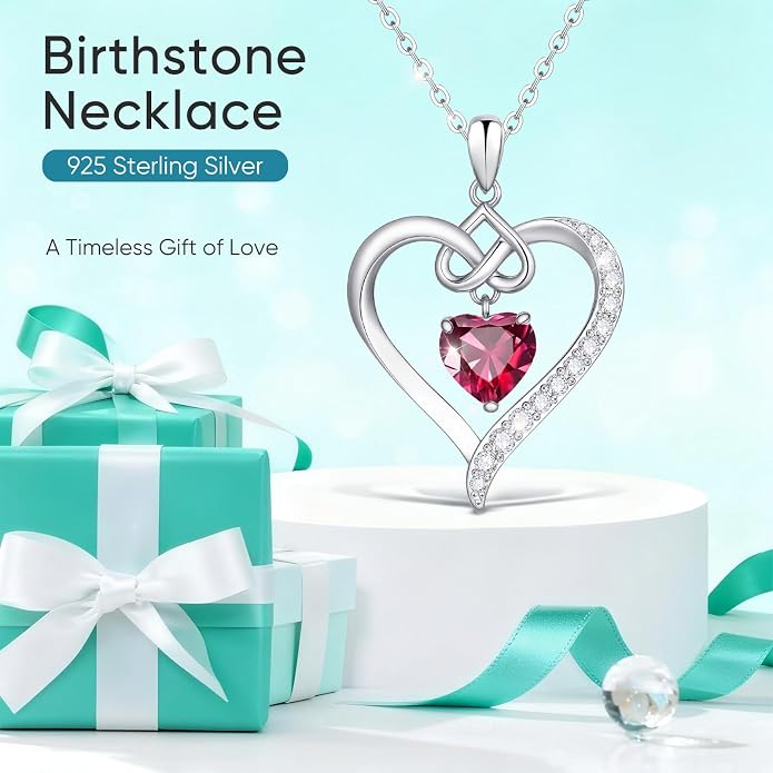 925 Sterling Silver Birthstone Heart Necklace for Women - Infinity Love Pendant with Cubic Zirconia, 12 Colors, Valentine's Day Gift for Her, 12 Months, Birthday Anniversary Christmas Jewelry Gifts