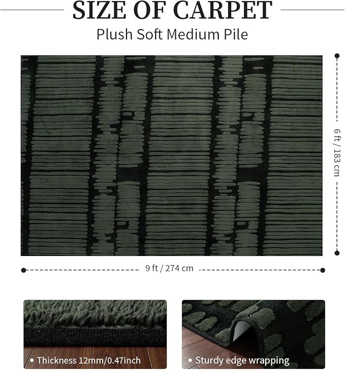 YIHOUSE Abstract 6x9 Area Rug Olive Green: Washable Geometric Rug | Modern, Textured High Low Pile, Fluffy Soft, Striped Carpet for Living Room, Bedroom, Dining Room, Home Office Decor