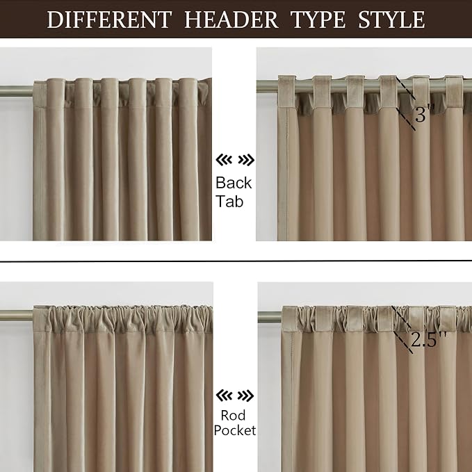 100% Full Blackout Champagne Beige Velvet Curtains 63 inch Long for Living Room,Set of 2 Liner Rod Pocket Back Tab Thermal Window Curtains Room Darkening Heavy Decorative Curtains Drapes for Bedroom