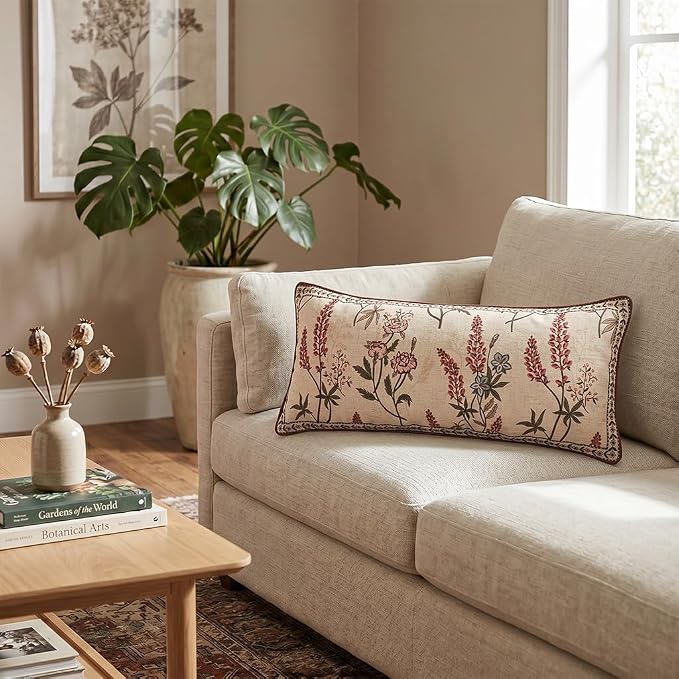 ISAENNE Designer Linen Throw Pillow Cover,Set of 2,28"x12"-Helena A | Elegant French Rectangle Pillow Cover,Concealed Zipper Design,Floral Pattern,Sofas,Bedroom,Living Room,Lounge Chairs