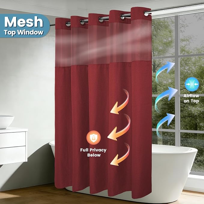 EUTXL Heavyweight Burgundy No Hook Shower Curtain with Snap in Liner,256GSM Waffle Weave Shower Curtains for Bathroom,71W x 74H