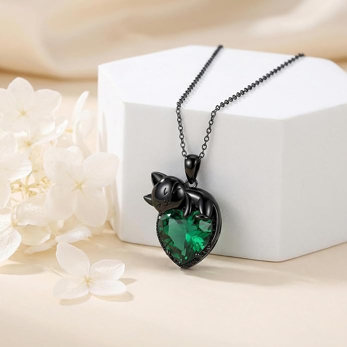 Cat Necklace Sterling Silver Cat Zircon Pendant Gothic Jewelry for Women Animal Lovers Gifts