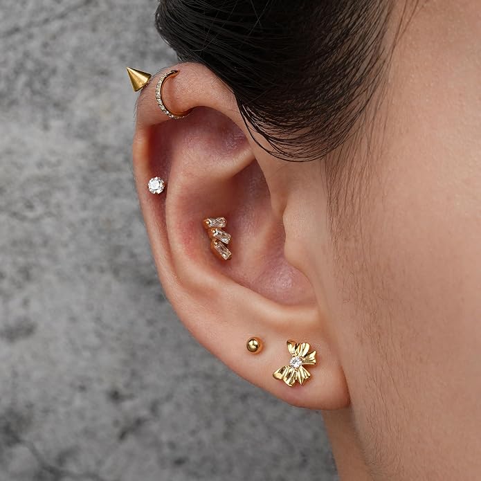 FINE4U 1PC 16G Gold Cartilage Earring 6mm 8mm - ASTM F136 Titanium Piercing Jewelry for Tragus, Helix Conch, Internally Threaded