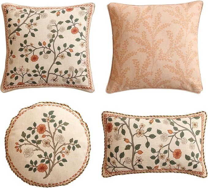 ISAENNE Designer Elegant Linen Throw Pillow Cover,Set of 4-Flora ACBA | French Cottage Pillow Cover,Concealed Zipper,Floral Pattern,Sofas,Bedroom,Living Room,Lounge Chairs,All Season Home Decor