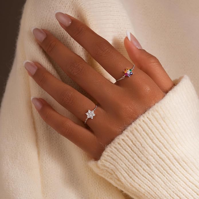 925 Sterling Silver Link Chain Fidget Rings with Dangle Bead Star for Women 14k Gold Plated Adjustable Sparkling Twist Rope Ring Stackable Line Finger Ring Jewelry Christmas Gifts for Mom