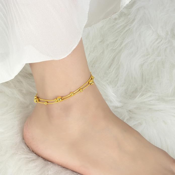 Womens Anklet 925 Sterling Silver Layered Anklet Bracelet Dainty Beaded Foot Chain Adjustable Summer 24k Gold Plated Beach Jewelry Gift