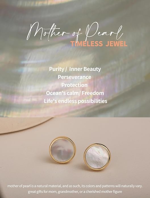 S.Leaf Gold Stud Earrings for Women 925 Sterling Silver Hypoallergenic Mother of Pearl Shell Stud Chain Earrings Friendship Jewelry Gifts for Women Her