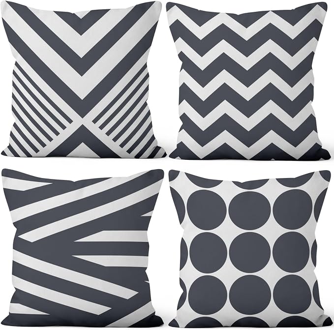 4 Pcs/Set Geometric Pillow Covers Boho Grey Winding Strips Circle Mid Century Geometry Stripes Minimalist Throw Pillow Covers for Home Sofa Couch Outdoor Decorative, 18"x18", Grey White