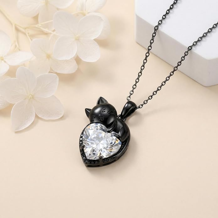 Cat Necklace Sterling Silver Cat Zircon Pendant Gothic Jewelry for Women Animal Lovers Gifts