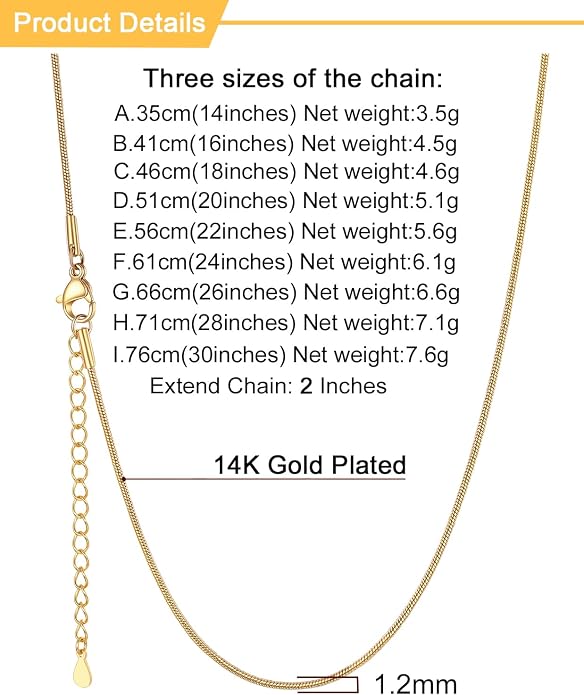 U7 Snake Necklace for Women 14K Gold Plated/Silver/Rose Gold/Black Chain Necklace Hypoallergenic, Stainless Steel Tiny Snake Chain Necklace 1/1.2/1.5/2MM, 14-30" Adjustable Minimalist Gift