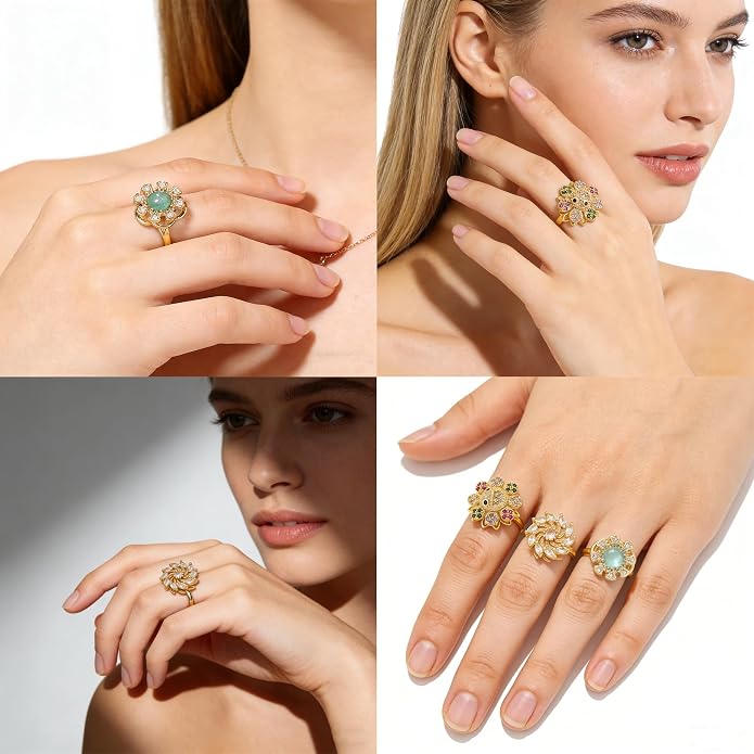 Anxiety Rings for Women, Adjustable Fidget Spinner Rings, 18K Gold Plated Rotating Rings with Cubic Zirconia Butterfly Sunflower Design, Stress Relief Jewelry for Women