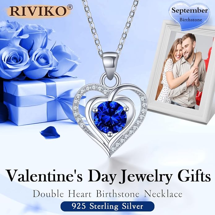 RIVIKO Heart Birthstone Pendant Necklace for Women 925 Sterling Silver Zirconia Necklaces Valentine's Day Anniversary Birthday Mothers Day Jewelry Gifts For Her Mother Wife