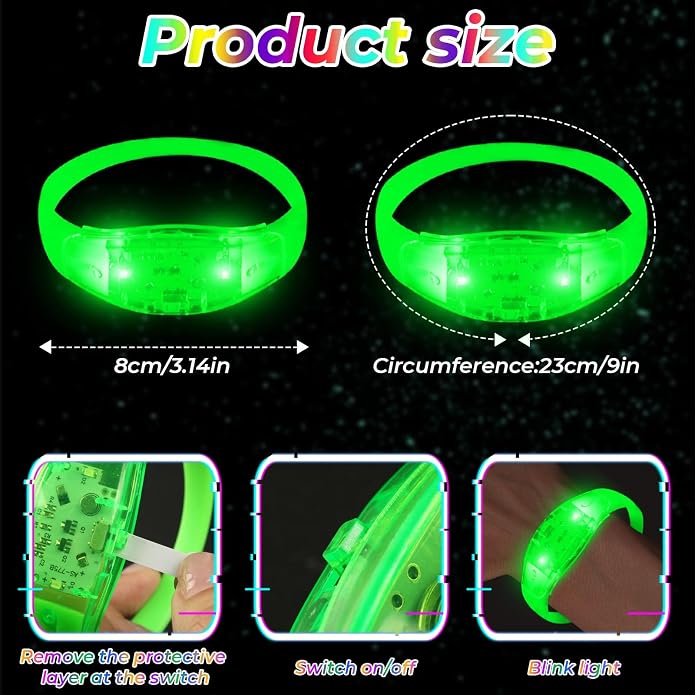 24 Pack Light UP Bracelets Sound Activated Flashing Wristbands Music Control Glow in the Dark Bracelets for Rave Game Prizes Carnival Concerts Night Events Mardi Gras Party Favors