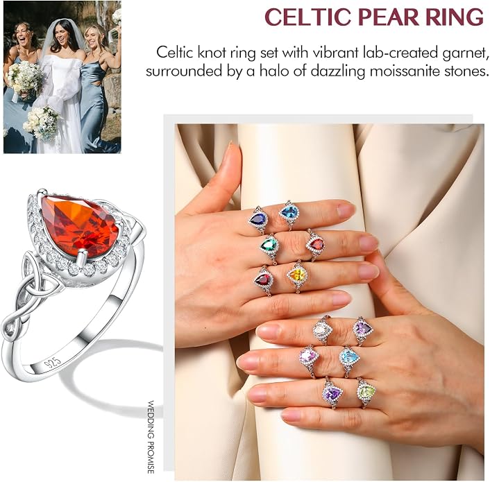 DAYBYDAY Celtic Birthstone Rings for Women 925 Sterling Silver Heart/Round/Pear/Oval Created Gemstone Moissanite Halo Engagement Promise Rings for Her Wife Birthday Anniversary Wedding Jewelry
