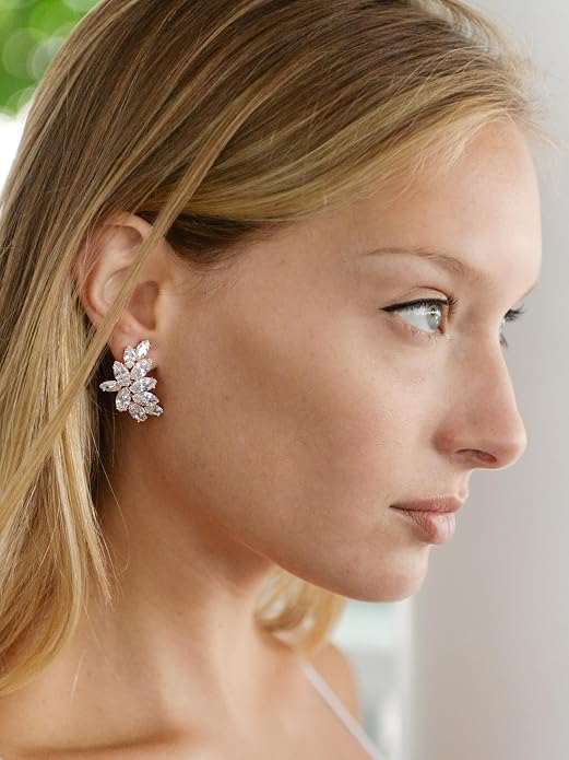 Mariell Clip-On Cubic Zirconia Crystal Bridal Earrings, Marquise Shape CZ Curved Clusters, Women Earrings for Wedding, Bridesmaids, Homecoming, Mother of the Bride