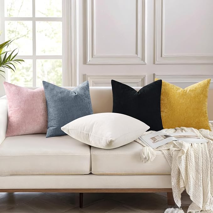 decorUhome Soft Chenille Haze Blue Throw Pillow Covers 24X24 Set of 2 | Decorative Fall Couch Pillow Covers Solid Dyed Accent Modern Euro Sham Farmhouse Neutral Square Pillow Cases for Sofa