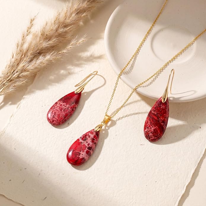 Kingdder Natural Stone Jewelry Set for Women Imperial Healing Stone Necklace Colorful Teardrop Dangle Earings Boho Jewelry