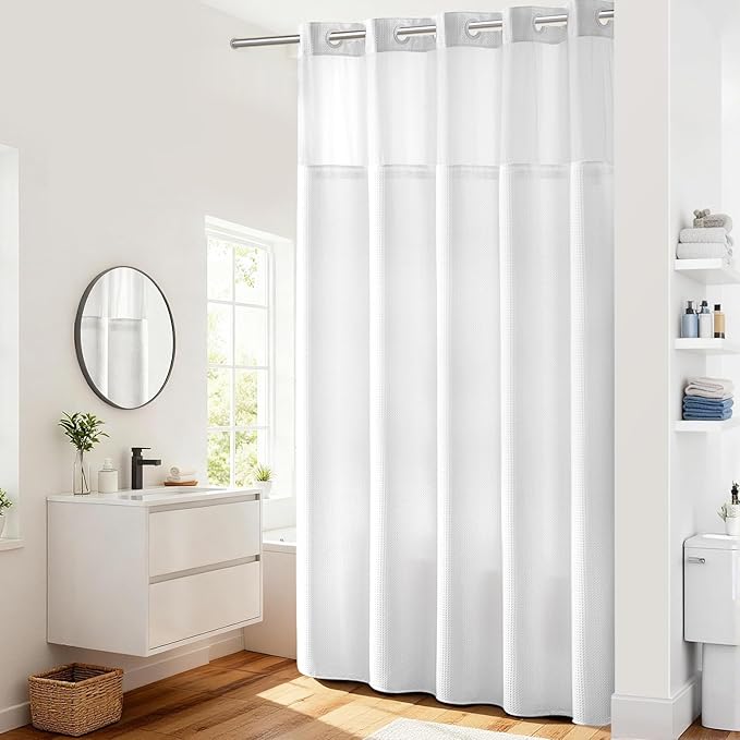 River Dream Heavyweight No Hooks Required Dotted Waffle Weave Shower Curtain with Snap in Liner - 71W x 98H,Hotel Grade,Spa Like Bath Curtain,White
