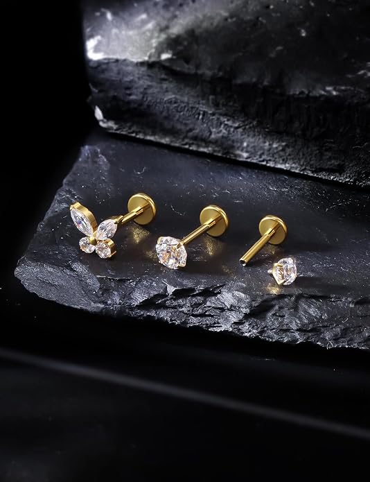 20G 18G 16G Astm F136 Titanium Internal Thread Flat Back Earrings Nose Studs Tragus Forward Helix Conch Cartilage Lobe Earring Stud Medusa Labret Monroe Lip Ring Piercing Jewelry For Women Men