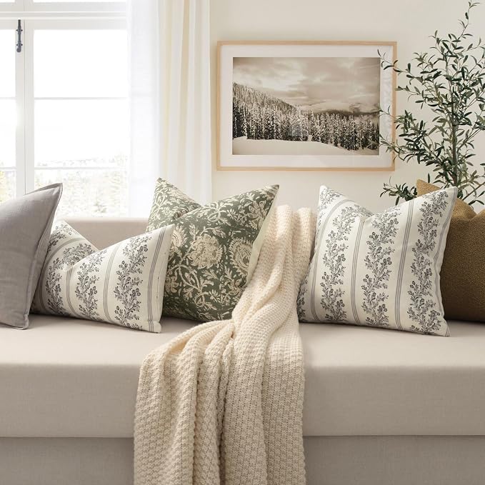 Vintage Throw Pillow Covers 18x18 Set of 2, Striped Floral Pillow Cover Botanical Patterned Decorative Cushion Covers Modern Farmhouse Home Decor for Sofa Couch Bed Living Room, Soft Ash