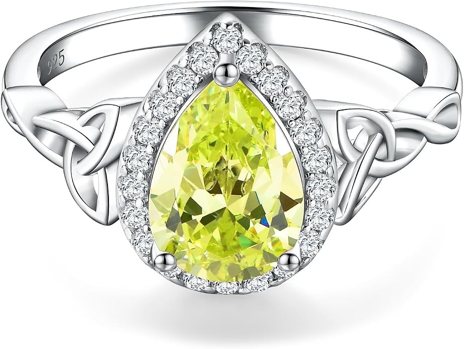 DAYBYDAY Celtic Birthstone Rings for Women 925 Sterling Silver Heart/Round/Pear/Oval Created Gemstone Moissanite Halo Engagement Promise Rings for Her Wife Birthday Anniversary Wedding Jewelry