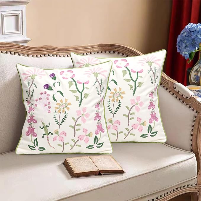 Set of 2 Embroidered Decorative Throw Pillow Covers Couch Square Pillowcases Cushion for Bedroom Sofa Farmhouse Decor 18x18 Inch (Gecko Flower)