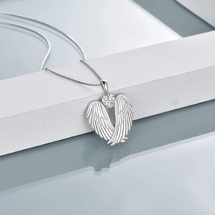 YFN Angel Wings Necklace 925 Sterling Silver Guardian Angel Wings Pendant Necklace Birthstone Necklace for Women Girls Christmas Jewelry Gifts
