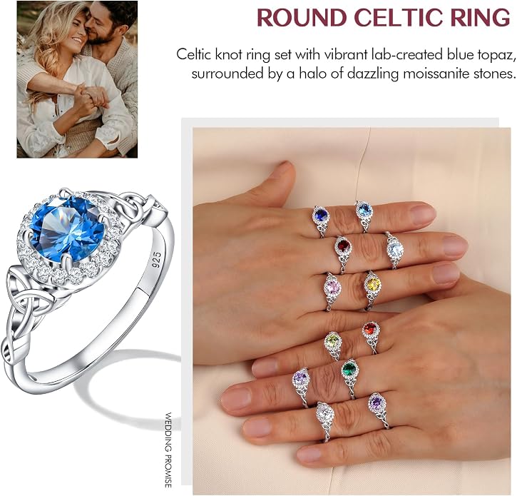 DAYBYDAY Celtic Birthstone Rings for Women 925 Sterling Silver Heart/Round/Pear/Oval Created Gemstone Moissanite Halo Engagement Promise Rings for Her Wife Birthday Anniversary Wedding Jewelry