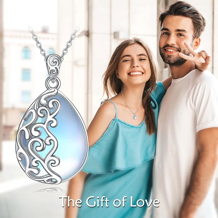 YAFEINI 925 Sterling Silver Moonstone Necklace Filigree Teardrop Pendant Necklace Jewelry for Women Girls