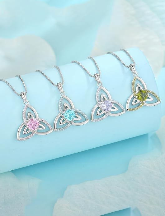 Celtic Birthstone Necklace for Women 925 Sterling Silver Trinity Knot Triquetra Crystal Pendant