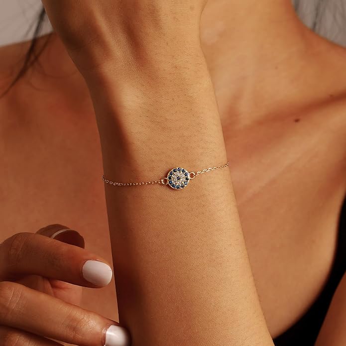 SUYACS Gold Evil Eye Bracelet for Women 925 Sterling Silver Small Blue Cubic Zirconia Eye Link Bracelet Tears of Angels Friendship Charm Chain Bracelet Birthday Jewelry Gifts to Daughter Friends