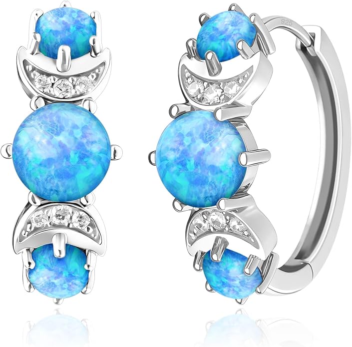Opal Earrings for Women Gold Plated Hoop Earrings with Blue Opal Huggie with 925 Sterling Silver Post