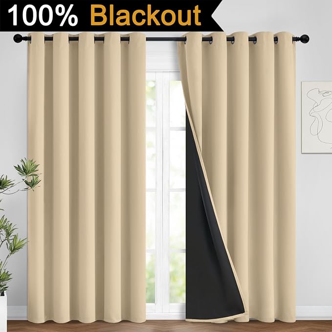 Yakamok Beige 100% Blackout Curtains 96 Inches Long for Bedroom 62" Wide | Blackout Curtain Panels for Bedroom, 2 Thick Layers Grommet Top Thermal Insulated Drapes with Black Liner for Living Room