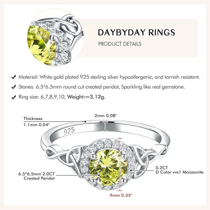 DAYBYDAY Celtic Birthstone Rings for Women 925 Sterling Silver Heart/Round/Pear/Oval Created Gemstone Moissanite Halo Engagement Promise Rings for Her Wife Birthday Anniversary Wedding Jewelry
