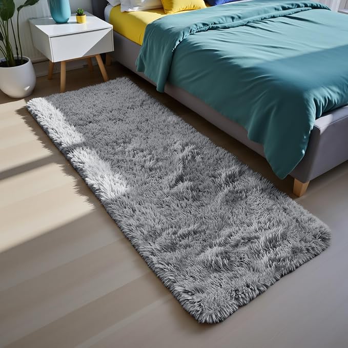 Soft Runner Rugs for Bedroom, Light Grey 3x7 Area Rugs Fluffy Rug Shag Area Rug Carpet, Bedside Rug for Living Room Bedroom Room Home Decor