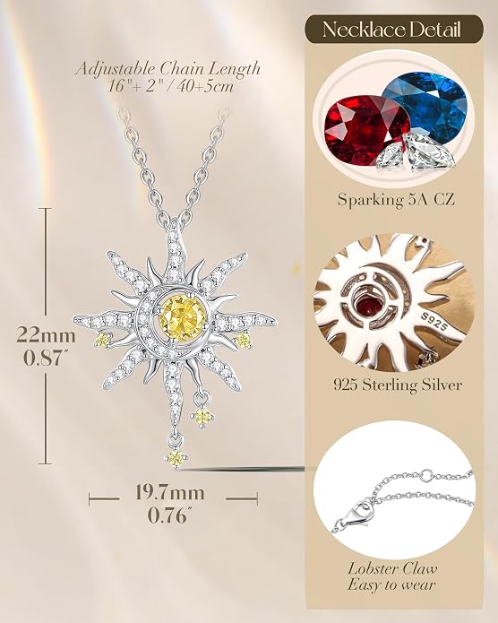 FANCIME Soluna Nexus Necklace for Women Sterling Silver Moon Jewelry Sun Pendant Fine Jewelry Gemstone Birthday Mothers Day Gifts for Wife