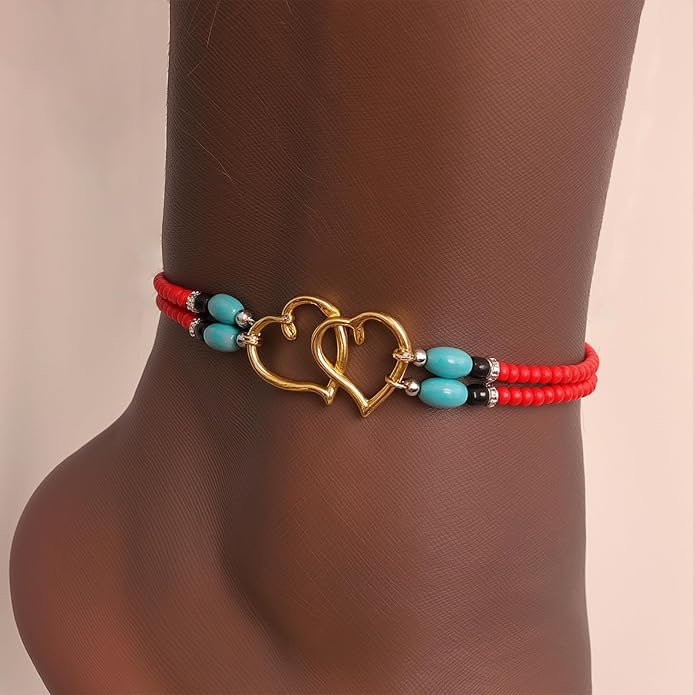 Elastic Beaded Ankle Bracelets for Women Double Heart Layered Stretch Ankle Bracelets Waterproof Dainty Boho Beaded Anklets for Summer Beach Foot Jewelry