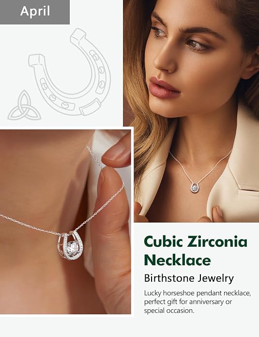 925 Sterling Silver Horseshoe Necklace for Women Round Gemstone Birthstone Necklace Sapphire/Emerald/Ruby/CZ Horse Shoe Pendant Necklaces Jewelry Gift