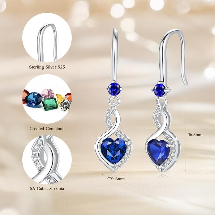 FANCIME Heart Infinity Dangle Drop Earrings 925 Sterling Silver Heart Gemstone Birthstone Earring