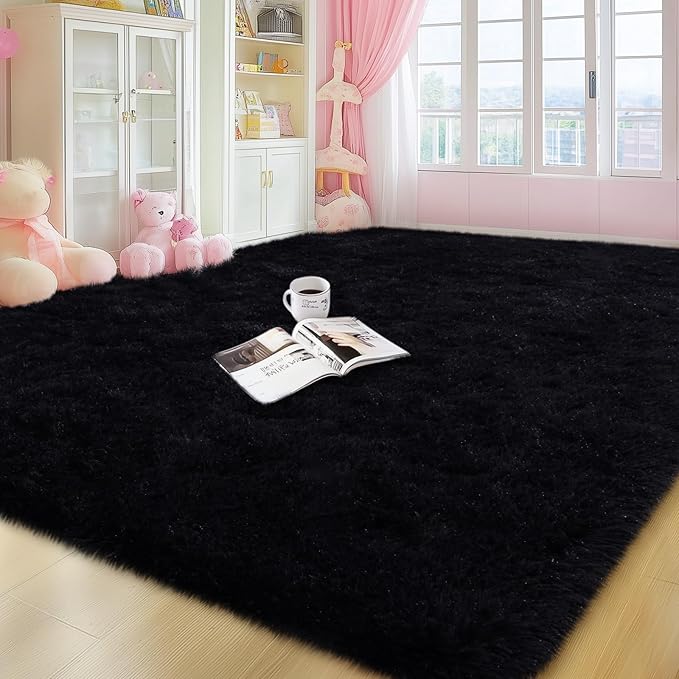 qulint Black Rug for Living Room 6x9, Fluffy Bedroom Area Rug Large Carpet | Shag Shaggy Carpet, Fuzzy Alfombras Para Salas Modernas for Dorm Kid Room Classroom Nursery Home Decor