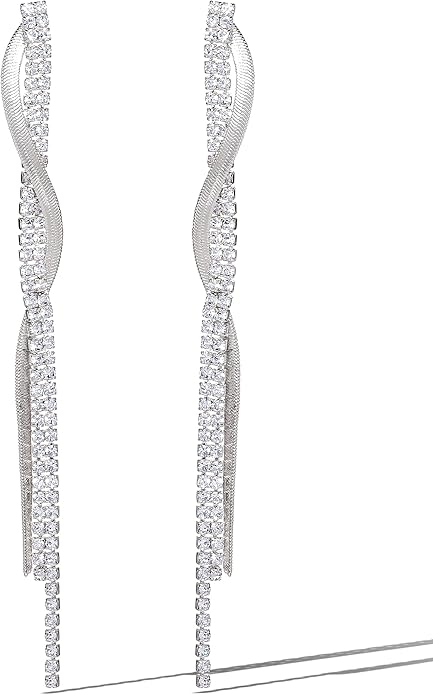 Jessica Simpson Long Silver Rhinestone Tassel Earrings for Women – Twisted Chain Fringe Dangle Earrings – Elegant Statement Jewelry