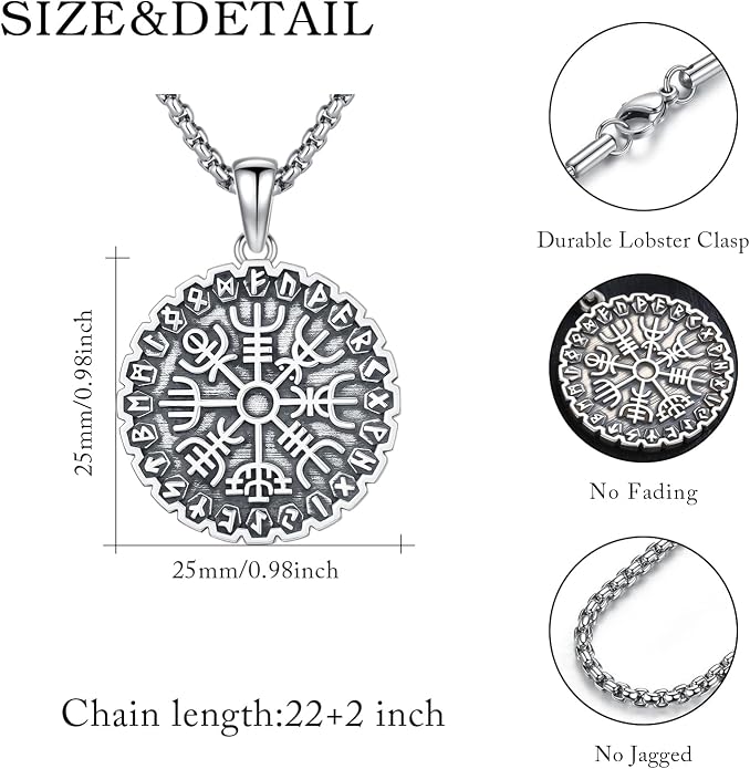 Viking Necklace for Men 925 Sterling Silver Norse Mythology Talisman Jewelry Gifts with 22"+2" Rolo Chain