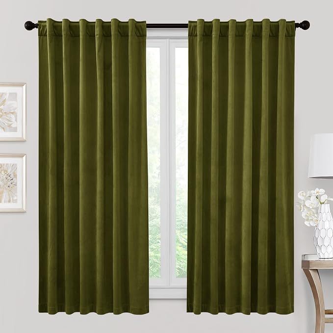 RYB HOME Velvet Curtains 72 inches Length, Back Tab & Rod Pocket Soft Fabric Curtains & Drapes for Bedroom Bathroom Cafe, Moss Green, W 42 x L 72, 2 Panels Set